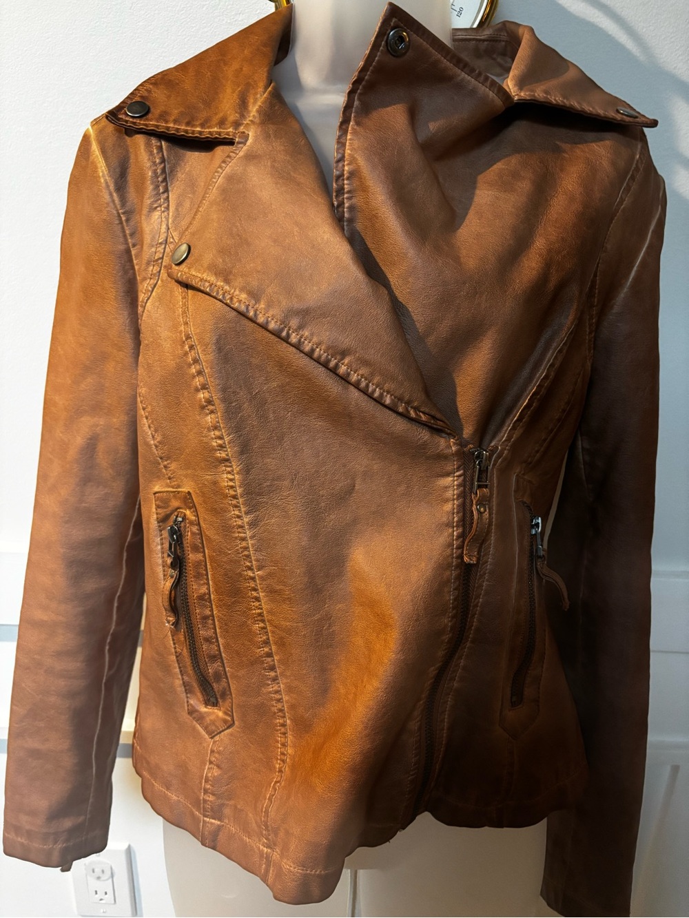 Max Studio Cognac Faux Leather Moto Jacket size medium